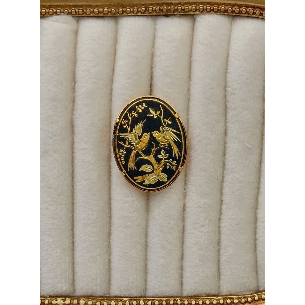 1950s Damascene Bird Brooch Black Gold Floral Oval Pin Romantic Vintage MCM